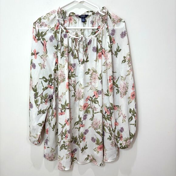 Chaps Ivory Pink Sheer Floral Blouse Top Women XXL Lightweight Cottage Peasant - Picture 1 of 8